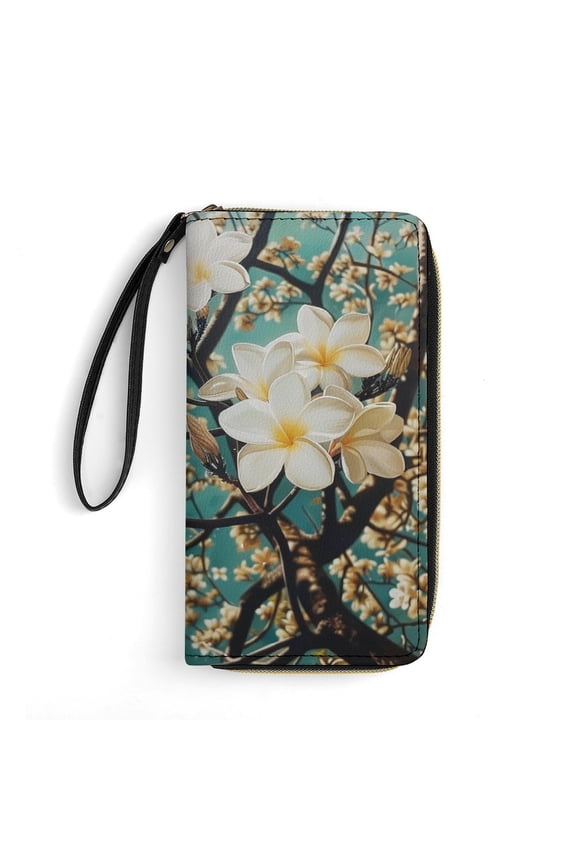 Womens Wallet Bifold Ladies Cluth Bag Wristlet Wrist Strap Long Purse Plumeria Flowers Design