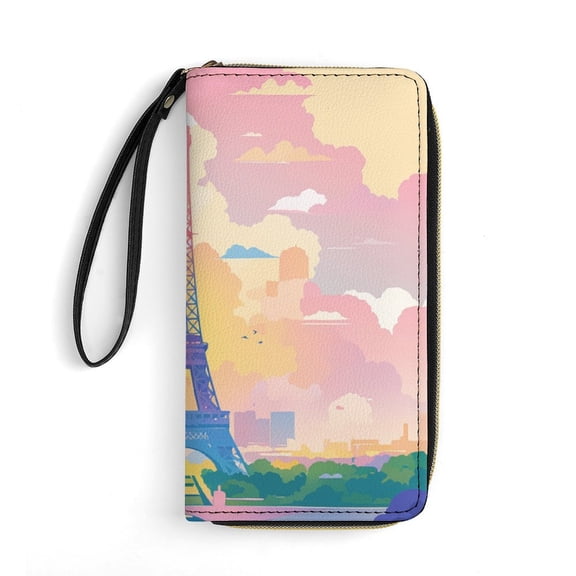 Womens Wallet Bifold Ladies Cluth Bag Wristlet Wrist Strap Long Purse Pride Paris Eiffel Tower Design