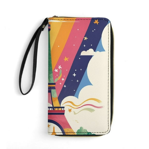 Womens Wallet Bifold Ladies Cluth Bag Wristlet Wrist Strap Long Purse Pride Paris Eiffel Tower Design