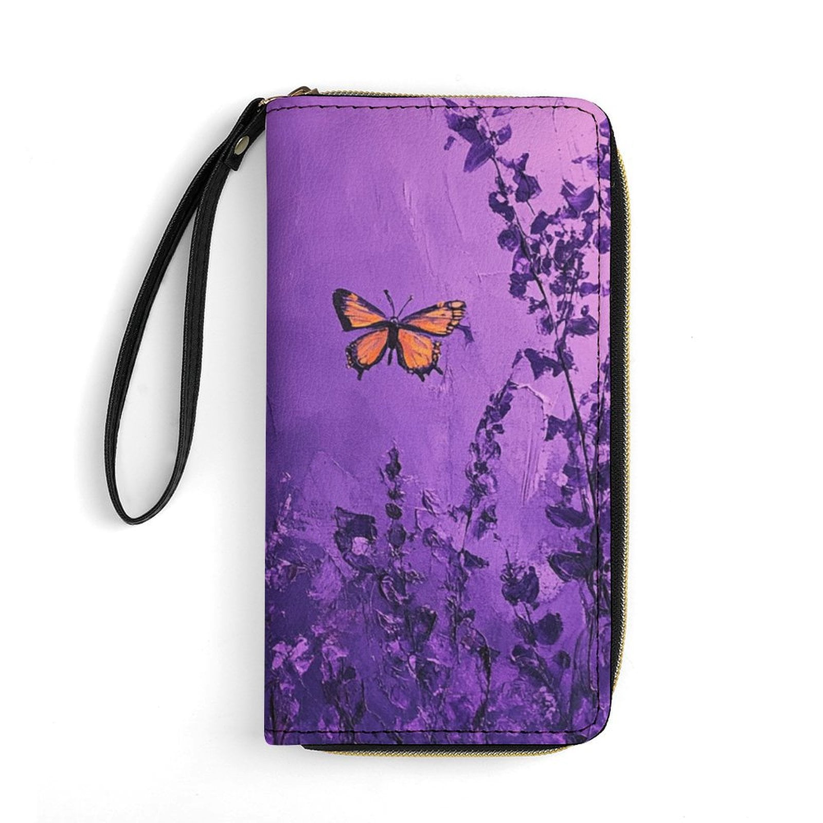 Womens Wallet Bifold Ladies Cluth Bag Wristlet Wrist Strap Long Purse Purple Butterfly Design