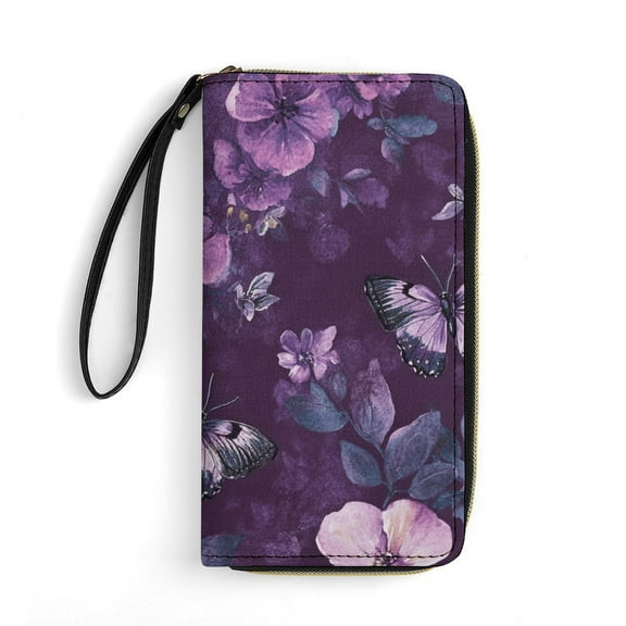 Womens Wallet Bifold Ladies Cluth Bag Wristlet Wrist Strap Long Purse Purple Butterfly Design