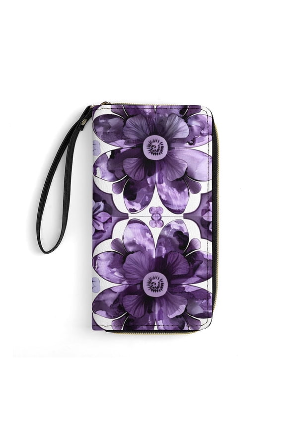 Womens Wallet Bifold Ladies Cluth Bag Wristlet Wrist Strap Long Purse Purple Flower Design