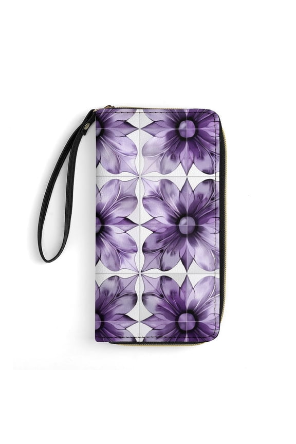 Womens Wallet Bifold Ladies Cluth Bag Wristlet Wrist Strap Long Purse Purple Flower Design