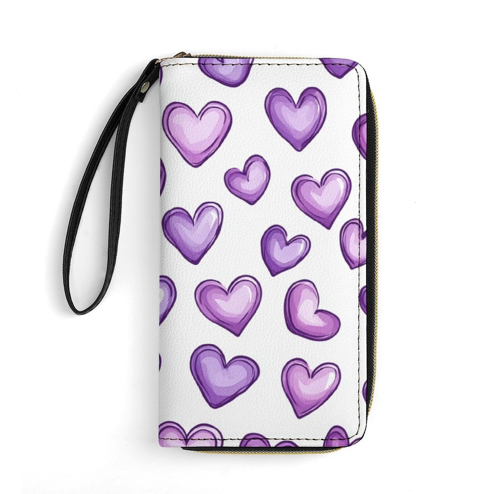 Womens Wallet Bifold Ladies Cluth Bag Wristlet Wrist Strap Long Purse Purple Hearts Design