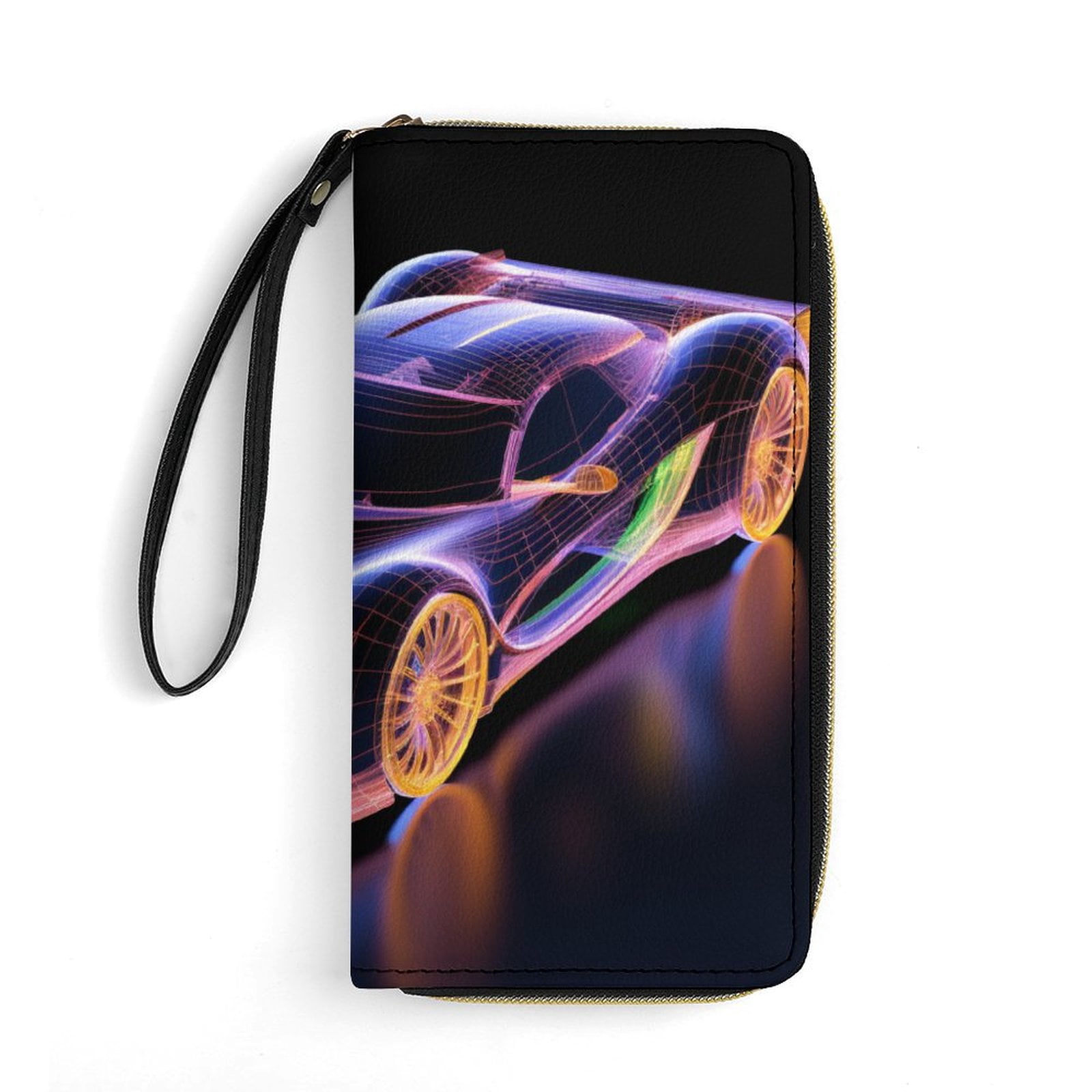Womens Wallet Bifold Ladies Cluth Bag Wristlet Wrist Strap Long Purse Race Car Hologram Design