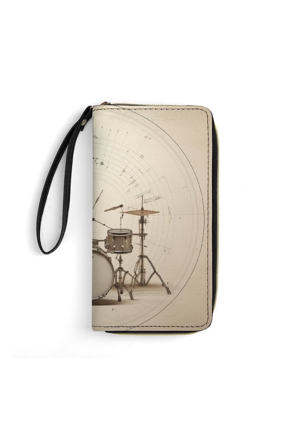 Womens Wallet Bifold Ladies Cluth Bag Wristlet Wrist Strap Long Purse Retro Drum Design
