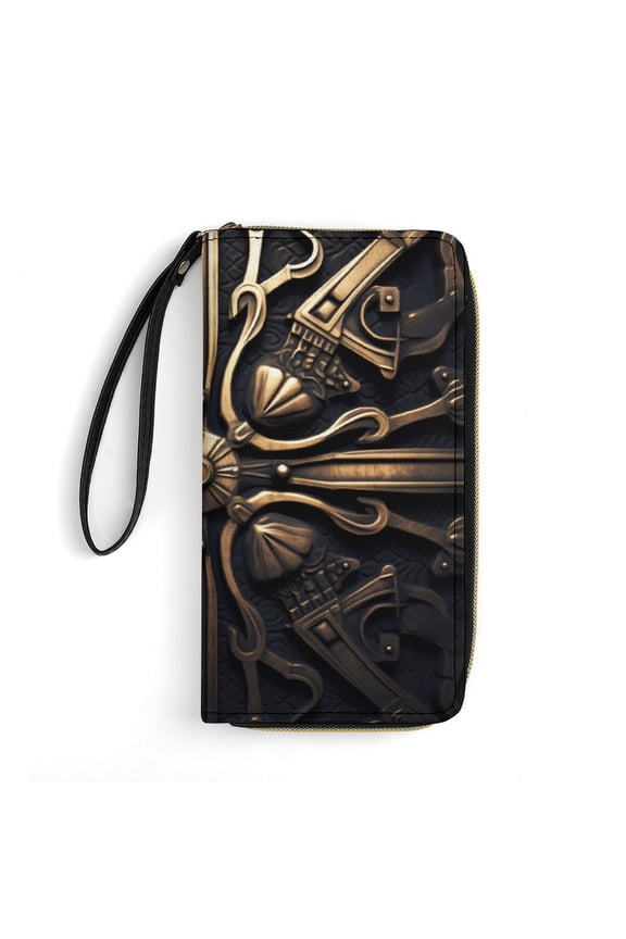 Womens Wallet Bifold Ladies Cluth Bag Wristlet Wrist Strap Long Purse Retro Iron Art Design