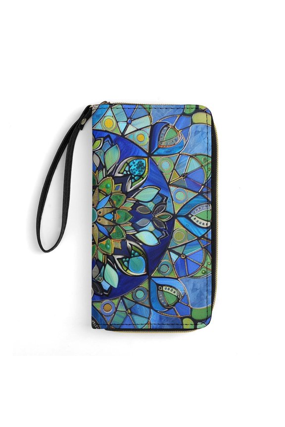 Womens Wallet Bifold Ladies Cluth Bag Wristlet Wrist Strap Long Purse Retro Mandala Glass Flower Design