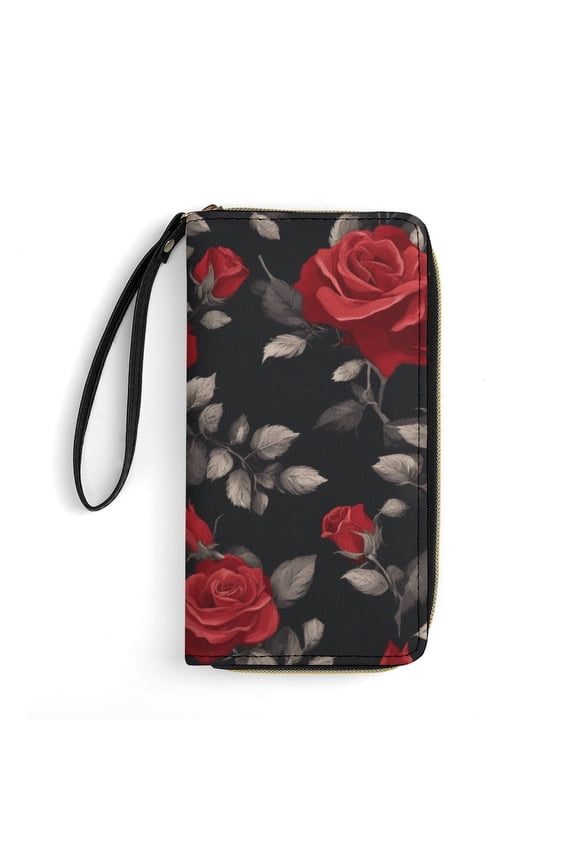 Womens Wallet Bifold Ladies Cluth Bag Wristlet Wrist Strap Long Purse Rose Dark Design