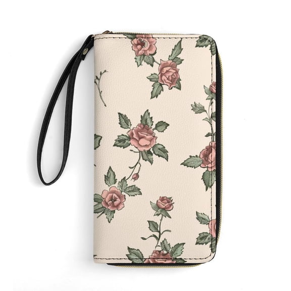 Womens Wallet Bifold Ladies Cluth Bag Wristlet Wrist Strap Long Purse Rose Pattern Design