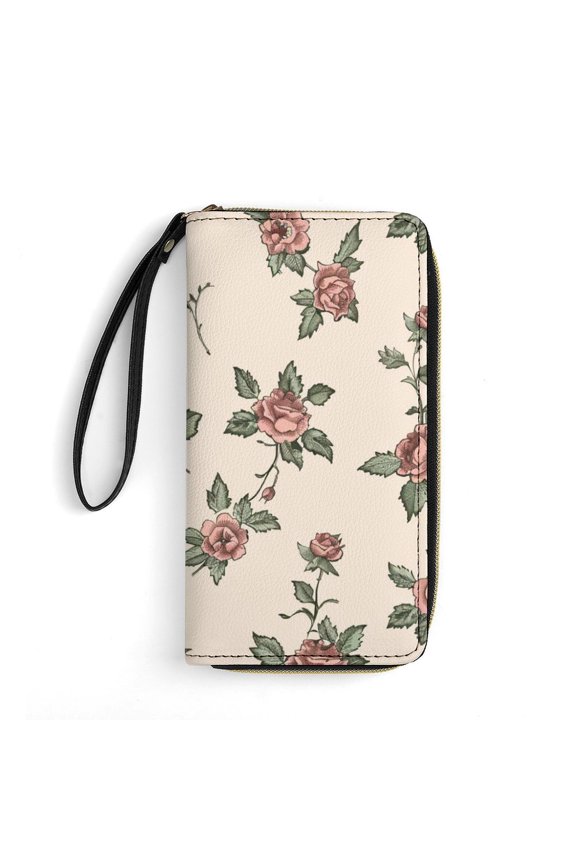 Womens Wallet Bifold Ladies Cluth Bag Wristlet Wrist Strap Long Purse Rose Pattern Design