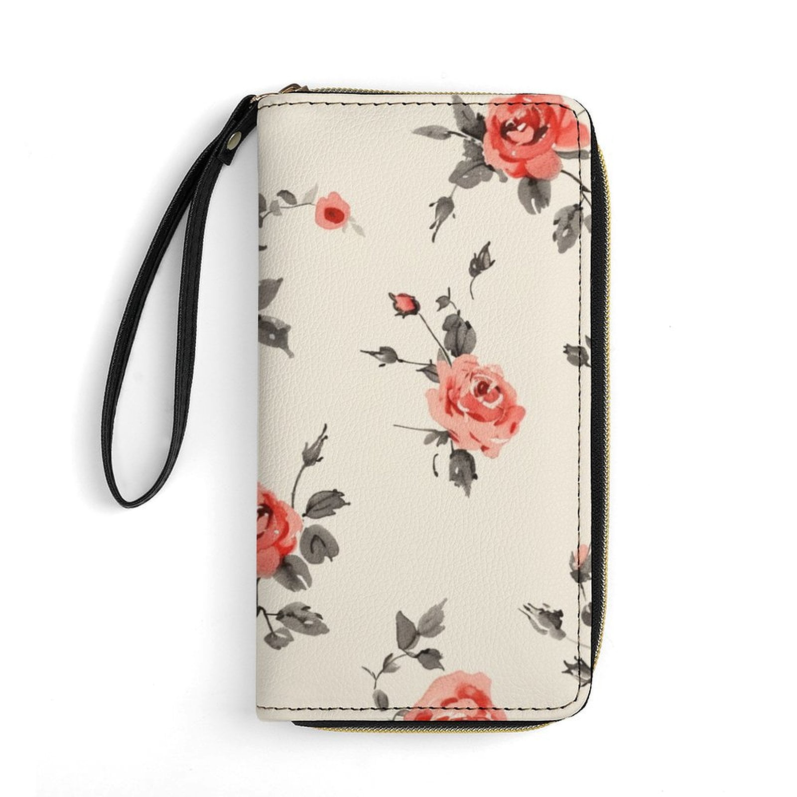 Womens Wallet Bifold Ladies Cluth Bag Wristlet Wrist Strap Long Purse Rose Pattern Design