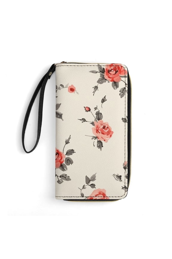 Womens Wallet Bifold Ladies Cluth Bag Wristlet Wrist Strap Long Purse Rose Pattern Design
