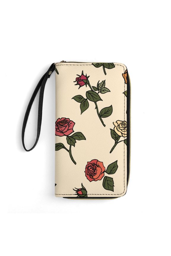 Womens Wallet Bifold Ladies Cluth Bag Wristlet Wrist Strap Long Purse Rose Pattern Design