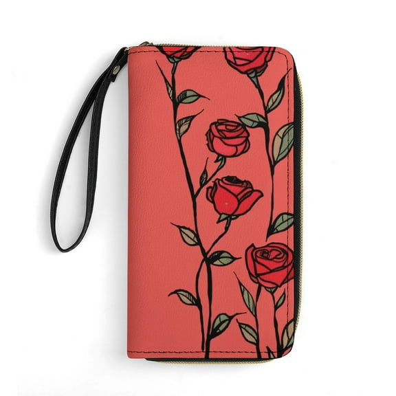 Womens Wallet Bifold Ladies Cluth Bag Wristlet Wrist Strap Long Purse Rose Pattern Design