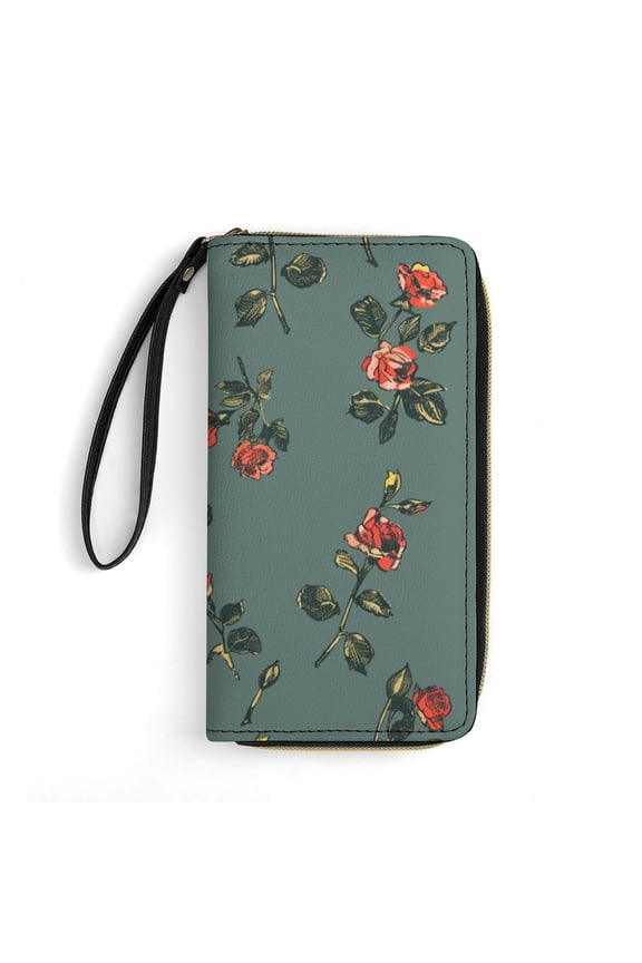 Womens Wallet Bifold Ladies Cluth Bag Wristlet Wrist Strap Long Purse Rose Pattern Design
