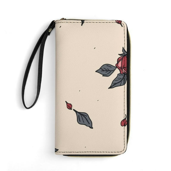 Womens Wallet Bifold Ladies Cluth Bag Wristlet Wrist Strap Long Purse Rose Pattern Design