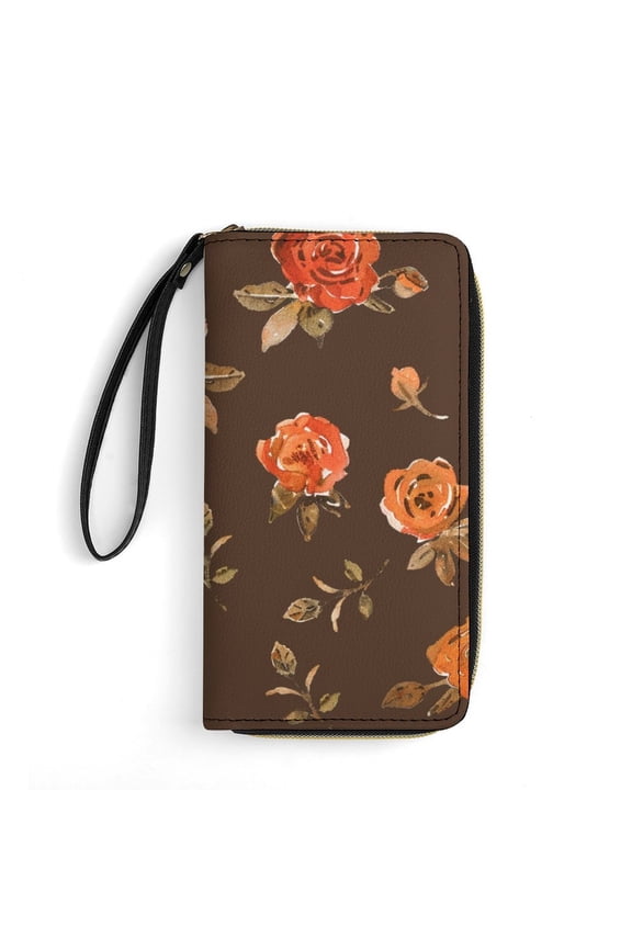 Womens Wallet Bifold Ladies Cluth Bag Wristlet Wrist Strap Long Purse Rose Pattern Design