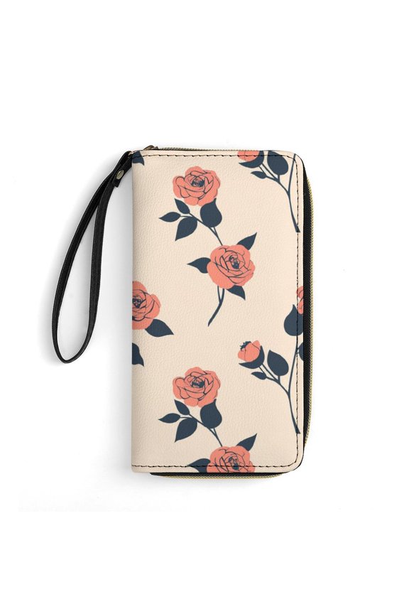 Womens Wallet Bifold Ladies Cluth Bag Wristlet Wrist Strap Long Purse Rose Pattern Design