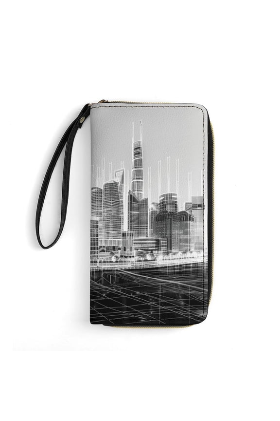 Womens Wallet Bifold Ladies Cluth Bag Wristlet Wrist Strap Long Purse SHANGHAI Hologram Design