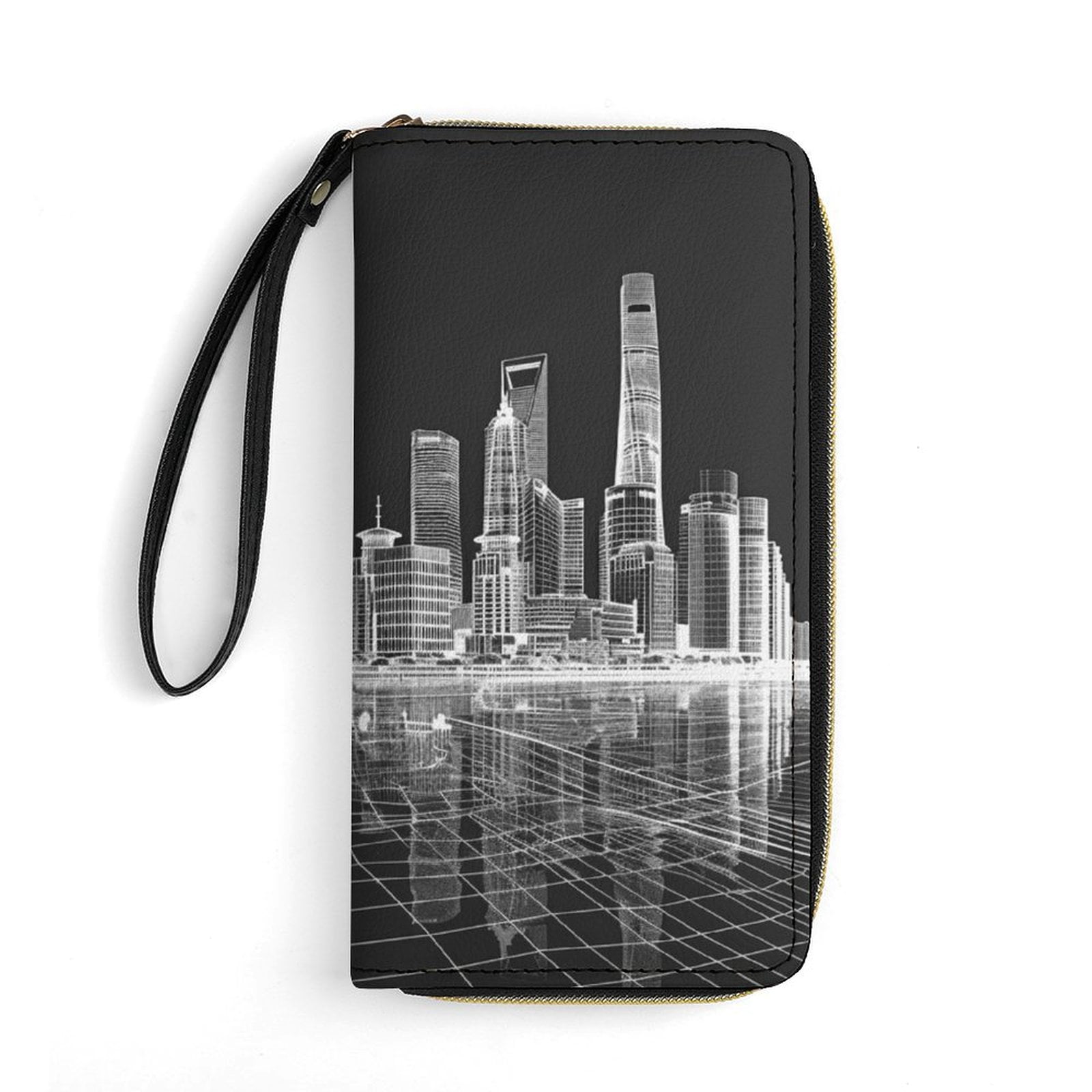 Womens Wallet Bifold Ladies Cluth Bag Wristlet Wrist Strap Long Purse SHANGHAI Hologram Design