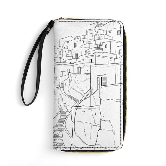Womens Wallet Bifold Ladies Cluth Bag Wristlet Wrist Strap Long Purse Santorini Black & White Greece Design