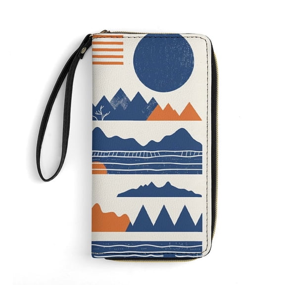 Womens Wallet Bifold Ladies Cluth Bag Wristlet Wrist Strap Long Purse Simplicity Vintage Geometric Lake Design
