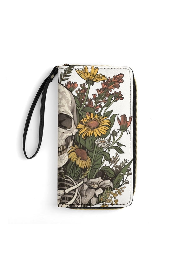 Womens Wallet Bifold Ladies Cluth Bag Wristlet Wrist Strap Long Purse Skull Flowers Illustration Design