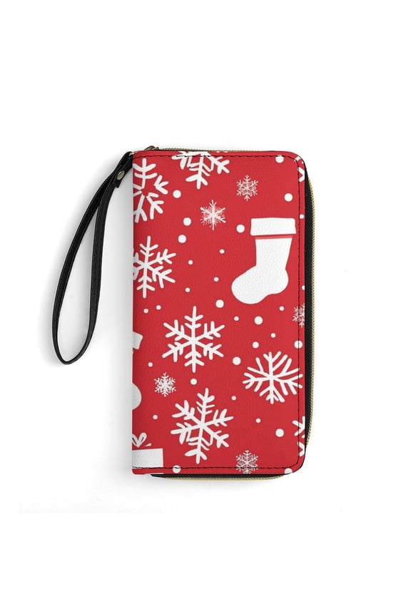 Womens Wallet Bifold Ladies Cluth Bag Wristlet Wrist Strap Long Purse Snow Gift Sock Christmas Pattern Design