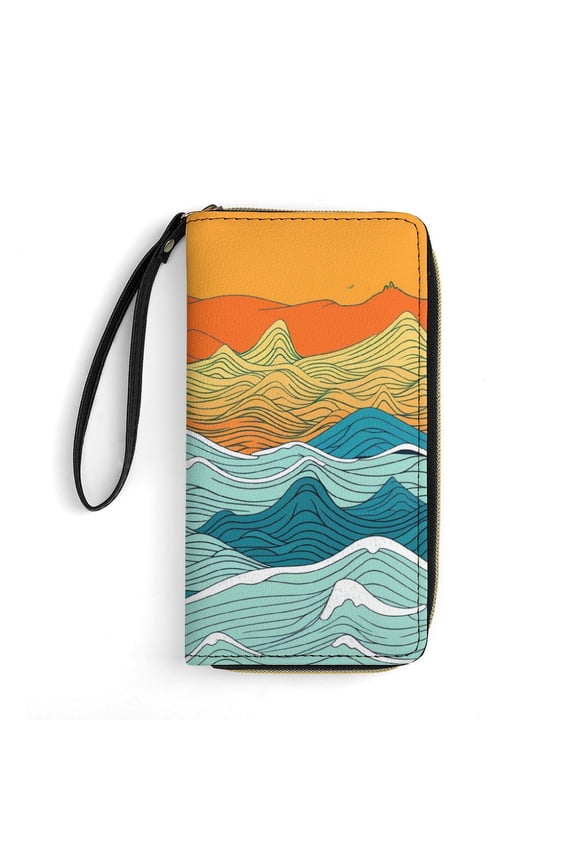 Womens Wallet Bifold Ladies Cluth Bag Wristlet Wrist Strap Long Purse Sunset Ocean Design