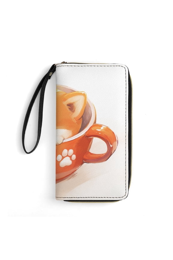 Womens Wallet Bifold Ladies Cluth Bag Wristlet Wrist Strap Long Purse Teacup Corgi Design
