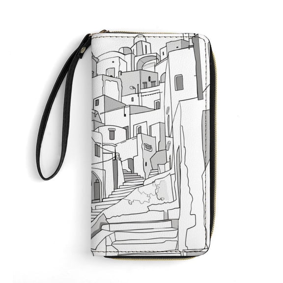 Womens Wallet Bifold Ladies Cluth Bag Wristlet Wrist Strap Long Purse Town Greek Design