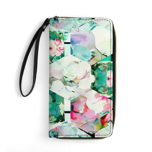 Womens Wallet Bifold Ladies Cluth Bag Wristlet Wrist Strap Long Purse Vintage Flowers Design