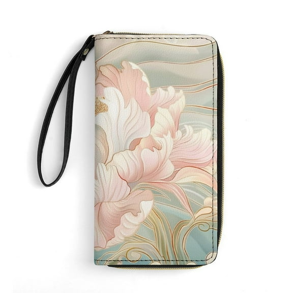 Womens Wallet Bifold Ladies Cluth Bag Wristlet Wrist Strap Long Purse Wave Peony Design