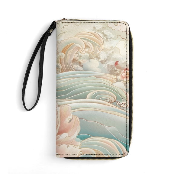 Womens Wallet Bifold Ladies Cluth Bag Wristlet Wrist Strap Long Purse Wave Peony Design