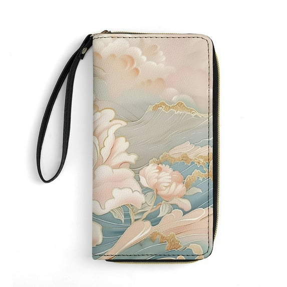Womens Wallet Bifold Ladies Cluth Bag Wristlet Wrist Strap Long Purse Wave Peony Design