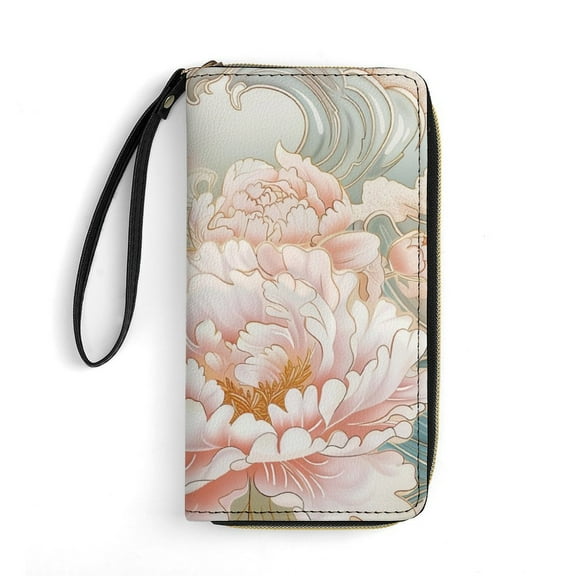 Womens Wallet Bifold Ladies Cluth Bag Wristlet Wrist Strap Long Purse Wave Peony Design