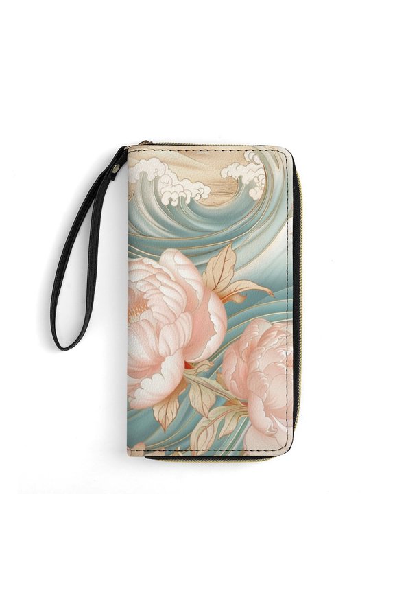 Womens Wallet Bifold Ladies Cluth Bag Wristlet Wrist Strap Long Purse Wave Peony Design