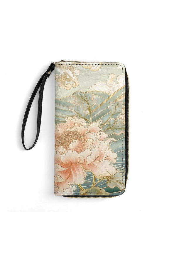 Womens Wallet Bifold Ladies Cluth Bag Wristlet Wrist Strap Long Purse Wave Peony Design