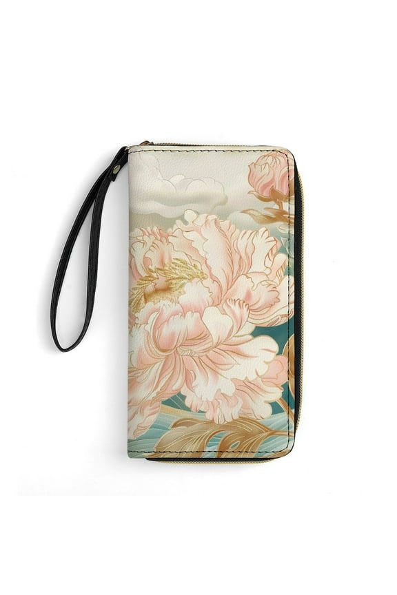 Womens Wallet Bifold Ladies Cluth Bag Wristlet Wrist Strap Long Purse Wave Peony Design