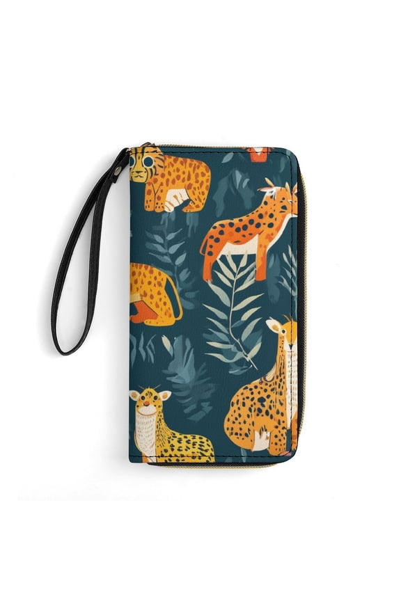 Womens Wallet Bifold Ladies Cluth Bag Wristlet Wrist Strap Long Purse Wild Animal Pattern Design