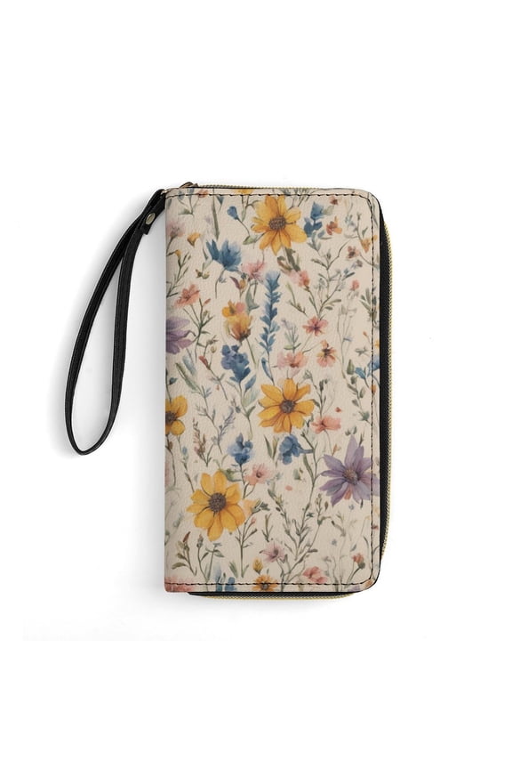 Womens Wallet Bifold Ladies Cluth Bag Wristlet Wrist Strap Long Purse Wildflower Floral Design