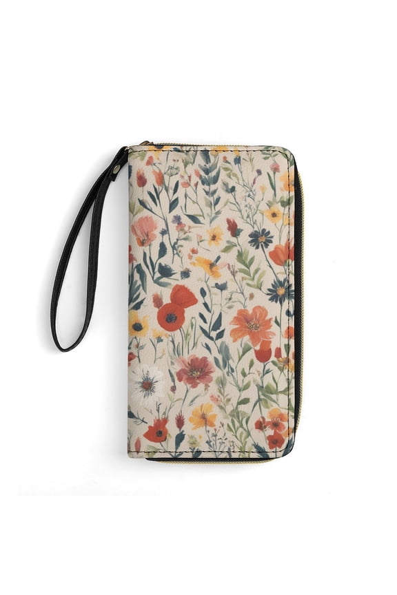 Womens Wallet Bifold Ladies Cluth Bag Wristlet Wrist Strap Long Purse Wildflower Floral Design