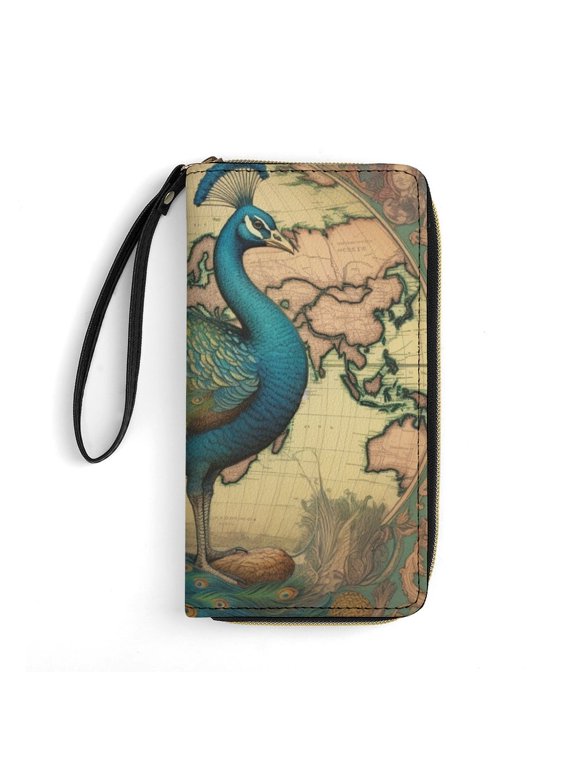 Womens Wallet Bifold Ladies Cluth Bag Wristlet Wrist Strap Long Purse World Map Peacock Design