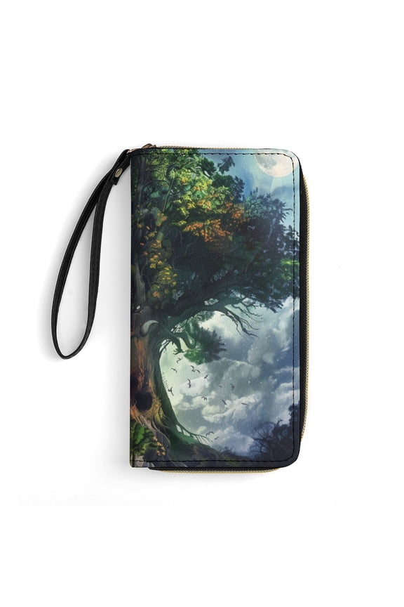 Womens Wallet Bifold Ladies Cluth Bag Wristlet Wrist Strap Long Purse World Tree Design