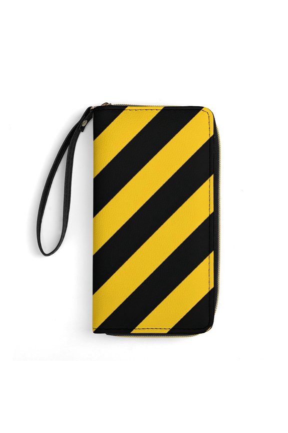 Womens Wallet Bifold Ladies Cluth Bag Wristlet Wrist Strap Long Purse Yellow Black Strip Design
