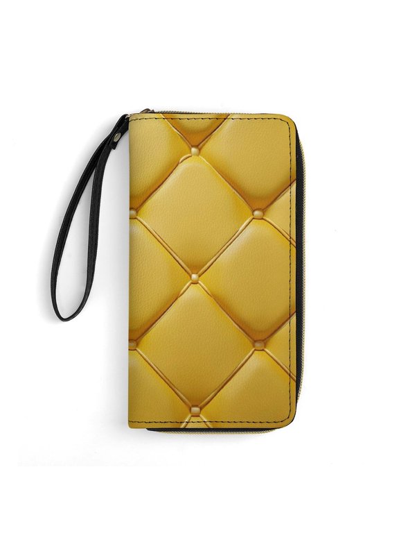 Womens Wallet Bifold Ladies Cluth Bag Wristlet Wrist Strap Long Purse Yellow Grid Pattern Design