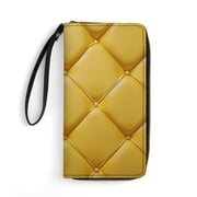 Womens Wallet Bifold Ladies Cluth Bag Wristlet Wrist Strap Long Purse Yellow Grid Pattern Design