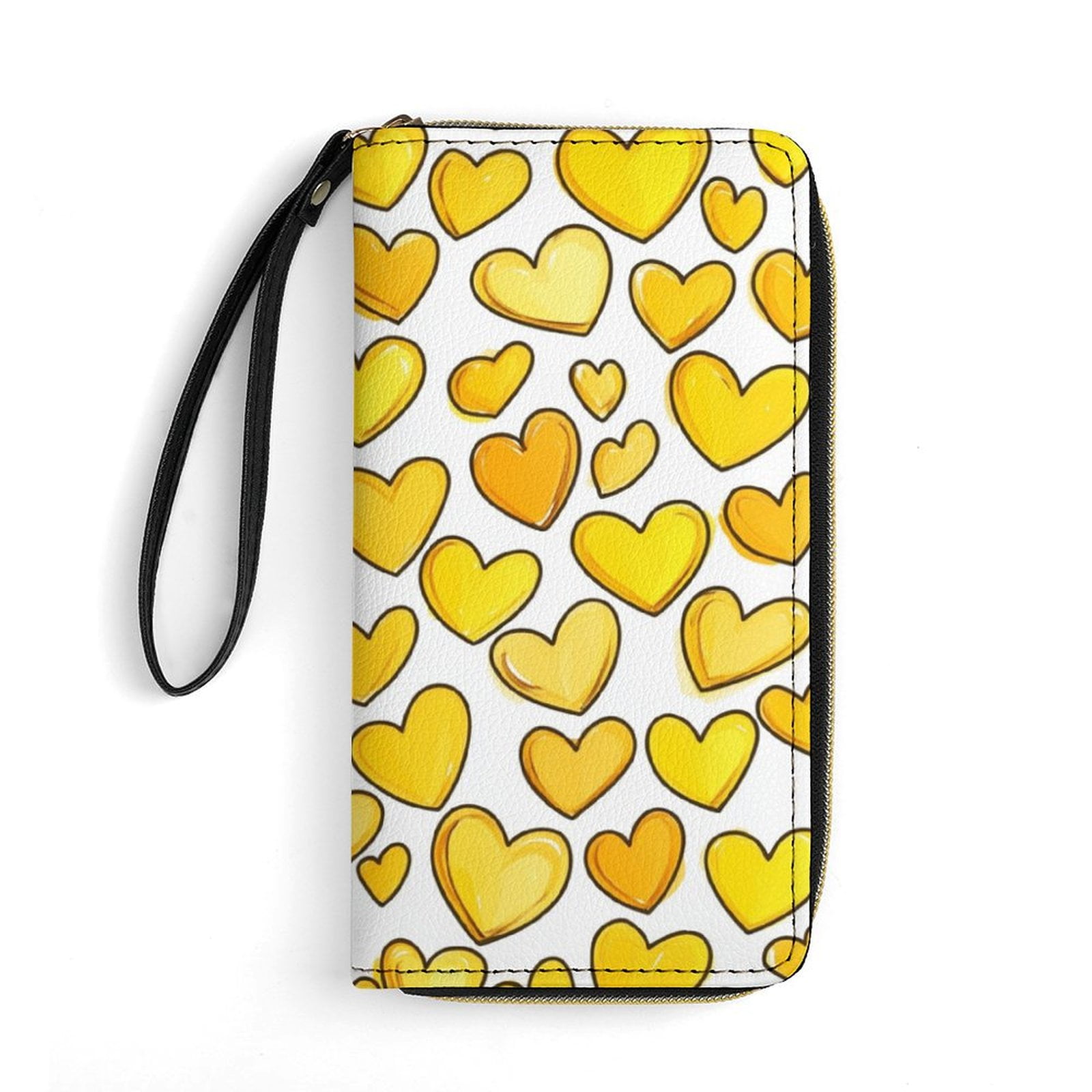 Womens Wallet Bifold Ladies Cluth Bag Wristlet Wrist Strap Long Purse Yellow Hearts Design