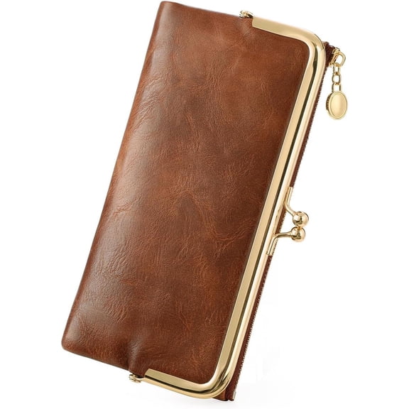Womens Wallet Ladies Billfold Compact Card Holder Long Zip Clutch Purse with Lock Brown